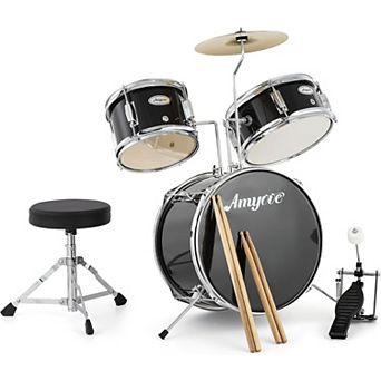 3 pc Drum Set with Bass Drum, Tom, Cymbal, Sticks, Pedal & Stool, Beginner Percussion Kit