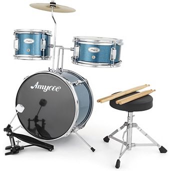 3 pc Drum Set with Bass Drum, Tom, Cymbal, Sticks, Pedal & Stool, Beginner Percussion Kit