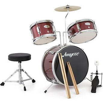 3 pc Drum Set with Bass Drum, Tom, Cymbal, Sticks, Pedal & Stool, Beginner Percussion Kit