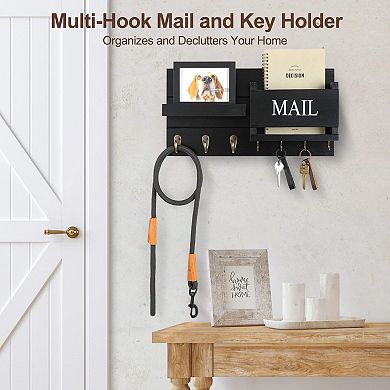 Wall Mail Organizer with Hooks and Shelf Rustic Wood Key Holder
