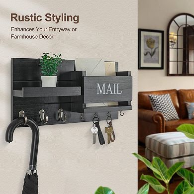 Wall Mail Organizer with Hooks and Shelf Rustic Wood Key Holder