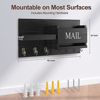 Wall Mail Organizer with Hooks and Shelf Rustic Wood Key Holder