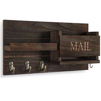 Wall Mail Organizer with Hooks and Shelf Rustic Wood Key Holder