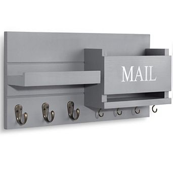 Wall Mail Organizer with Hooks and Shelf Rustic Wood Key Holder
