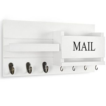Wall Mail Organizer with Hooks and Shelf Rustic Wood Key Holder