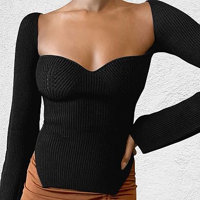 Women's Basic Knit Crop Tops Slim Fitted Sweater Long Sleeve Backless Pullover Solid Color Top