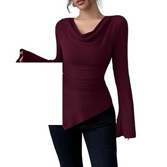 Women's Ribbed Long Sleeve Top, Cowl Neck Fitted Knit Blouse for Casual & Daily Wear