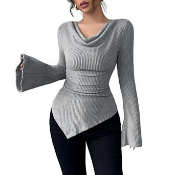 Women's Ribbed Long Sleeve Top, Cowl Neck Fitted Knit Blouse for Casual & Daily Wear