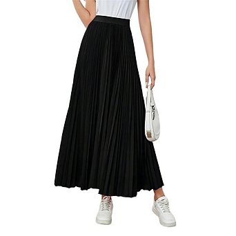 Women's High-Waist Pleated Midi Skirts Elegant Flowy A-Line Silhouette Solid Classic Pleated Skirt
