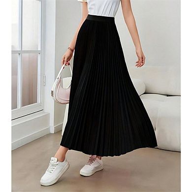Women's High-Waist Pleated Midi Skirts Elegant Flowy A-Line Silhouette Solid Classic Pleated Skirt