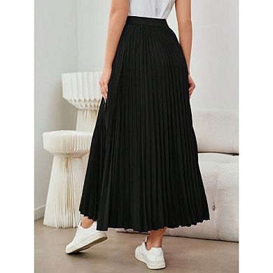 Women's High-Waist Pleated Midi Skirts Elegant Flowy A-Line Silhouette Solid Classic Pleated Skirt