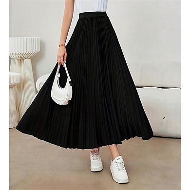 Women's High-Waist Pleated Midi Skirts Elegant Flowy A-Line Silhouette Solid Classic Pleated Skirt