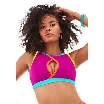 Swimsuits for All Women's Shimmer Trim High-Neck Keyhole Bikini Top