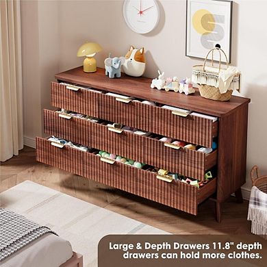 Modern Nine Drawer Dresser with Curved Profile and Gold Handles