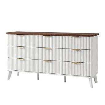 Modern Nine Drawer Dresser with Curved Profile and Gold Handles