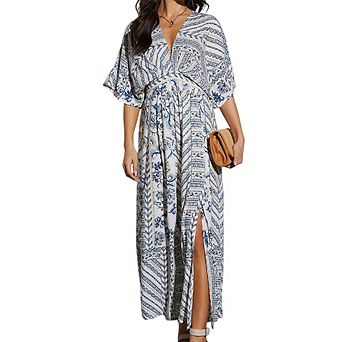 Women's Bohemian Style Printed Midi Dress Short Sleeve V-Neck Smocked Waist with Ruffled Split Hem