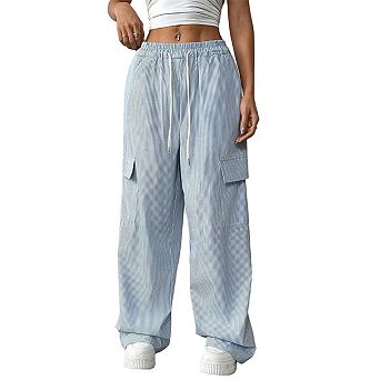 Women's Striped Wide Leg Low Rise Linen Pants Drawstring Elastic Waist Long Trousers with Pockets