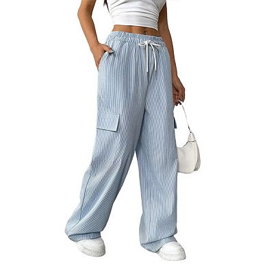 Women's Striped Wide Leg Low Rise Linen Pants Drawstring Elastic Waist Long Trousers with Pockets