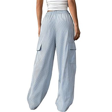Women's Striped Wide Leg Low Rise Linen Pants Drawstring Elastic Waist Long Trousers with Pockets