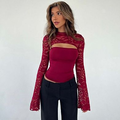 Women's Lace Long Sleeve Going Out Tops Y2K Crew Neck Cutout Double Lined Slim Night Out Shirts
