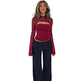 Women's Lace Long Sleeve Going Out Tops Y2K Crew Neck Cutout Double Lined Slim Night Out Shirts