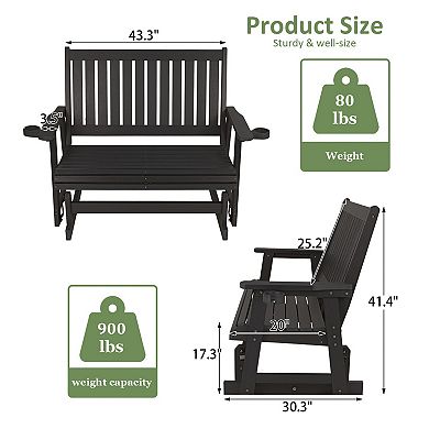 HIPS Patio Glider 2-Person with Cup Holders, All-Weather Resistant for Outdoor