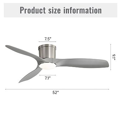 52 in. Flush Mount Ceiling Fan with Dimmable Led Light 3 ABS Fan Blades Reversible DC Motor