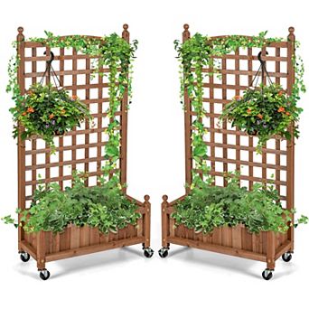 Costway 2 pc 50 in Wood Planter Box w/Trellis Mobile Raised Bed for Climbing Plant