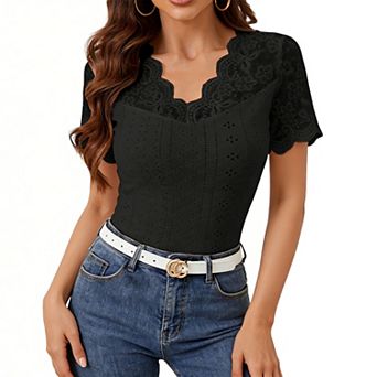 Women's Lace Trim V Neck Short Sleeve Top Eyelet Knit Slim Fit Casual Blouse