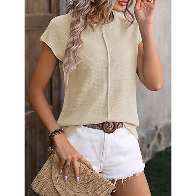 Women's Casual Crew Neck Thin Knit Top Solid Color Short Sleeve Denim Sweater Vest