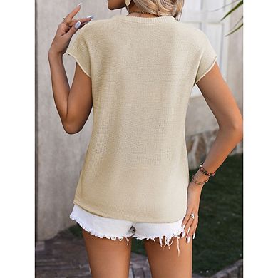 Women's Casual Crew Neck Thin Knit Top Solid Color Short Sleeve Denim Sweater Vest