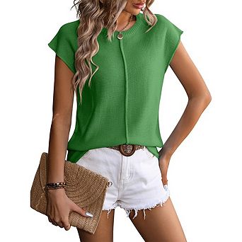 Women's Casual Crew Neck Thin Knit Top Solid Color Short Sleeve Denim Sweater Vest
