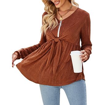 Women's Elegant V Neck Peplum Tops High Waist Zipper Tie Front Long Sleeve Shirts Tops Blouse