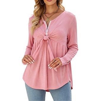 Women's Elegant V Neck Peplum Tops High Waist Zipper Tie Front Long Sleeve Shirts Tops Blouse