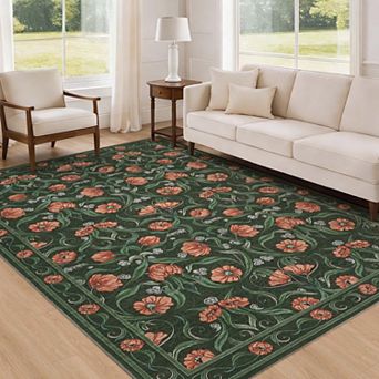 Area Rug, Floral Modern Washable Rugs, Non-Slip Low-Pile Soft Floor Carpet for Bedroom, Living Room