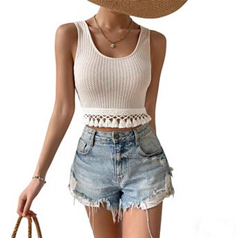 Women's Slim Fitted Waffle Knit Crop Tank Top with Fringe Hem Sleeveless Summer Casual Top Blouse