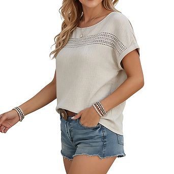 Women's Crew Neck Dolman Short Sleeve Open Knit Relaxed Fit Top