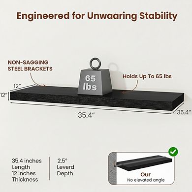 KSIZUIS 12" Deep Floating Shelves - Extra Thick 2", 36" Long, Set of 2 Black Wall Shelves