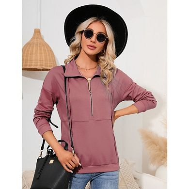 Women's Casual Long Sleeve Lapel Zipper Sweatshirt Drawstring Loose Pullover Tops