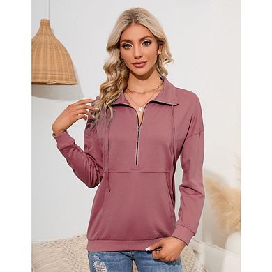Women's Casual Long Sleeve Lapel Zipper Sweatshirt Drawstring Loose Pullover Tops