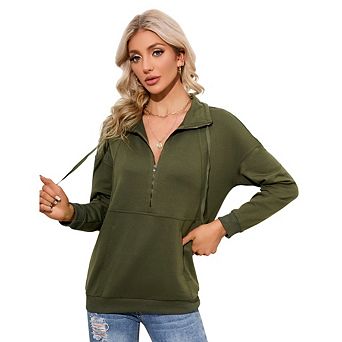 Women's Casual Long Sleeve Lapel Zipper Sweatshirt Drawstring Loose Pullover Tops
