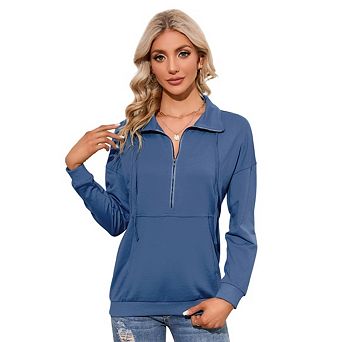 Women's Casual Long Sleeve Lapel Zipper Sweatshirt Drawstring Loose Pullover Tops