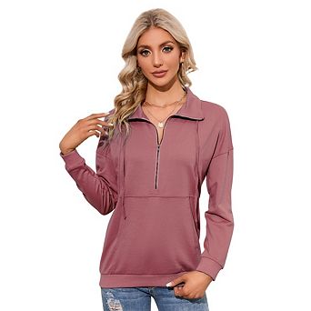 Women's Casual Long Sleeve Lapel Zipper Sweatshirt Drawstring Loose Pullover Tops