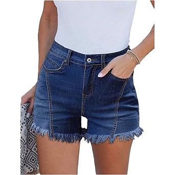 Women Mid Rise Jeans Shorts Frayed Raw Hem Summer Stretchy Casual Denim Shorts