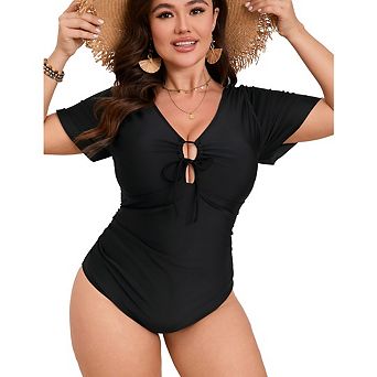 Women Plus Size One Piece Swimsuits Tummy Control Bathing Suits V Neck Ruffle Sleeve Swimwear