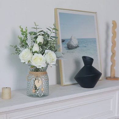 Faux Silk Roses and Fake Eucalyptus with Vase Home Office Decor