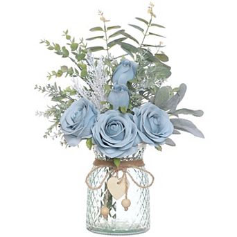Faux Silk Roses and Fake Eucalyptus with Vase Home Office Decor