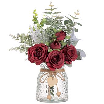 Faux Silk Roses and Fake Eucalyptus with Vase Home Office Decor