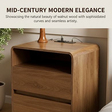 ZUQIETA Modern Nightstand with Hidden Drawers&Charger Station,23.8"Walnut Curved Side Table