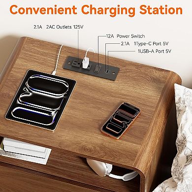 ZUQIETA Modern Nightstand with Hidden Drawers&Charger Station,23.8"Walnut Curved Side Table